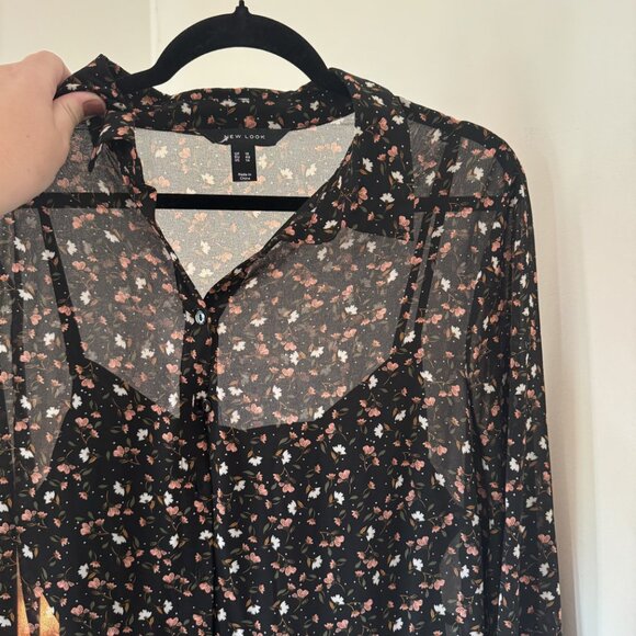 H&M Long Sleeve Sheer Button Up Floral Dress with Black Slip - Picture 2 of 4